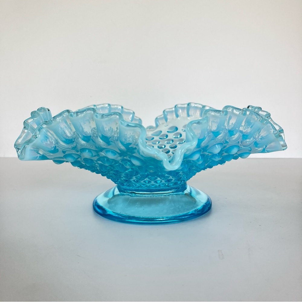 Fenton Ruffled Edge Blue Opalescent Hobnail Bon Bon Pedestal Dish